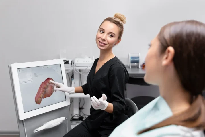 Close-up of dental professional explaining dental implant procedure to patient