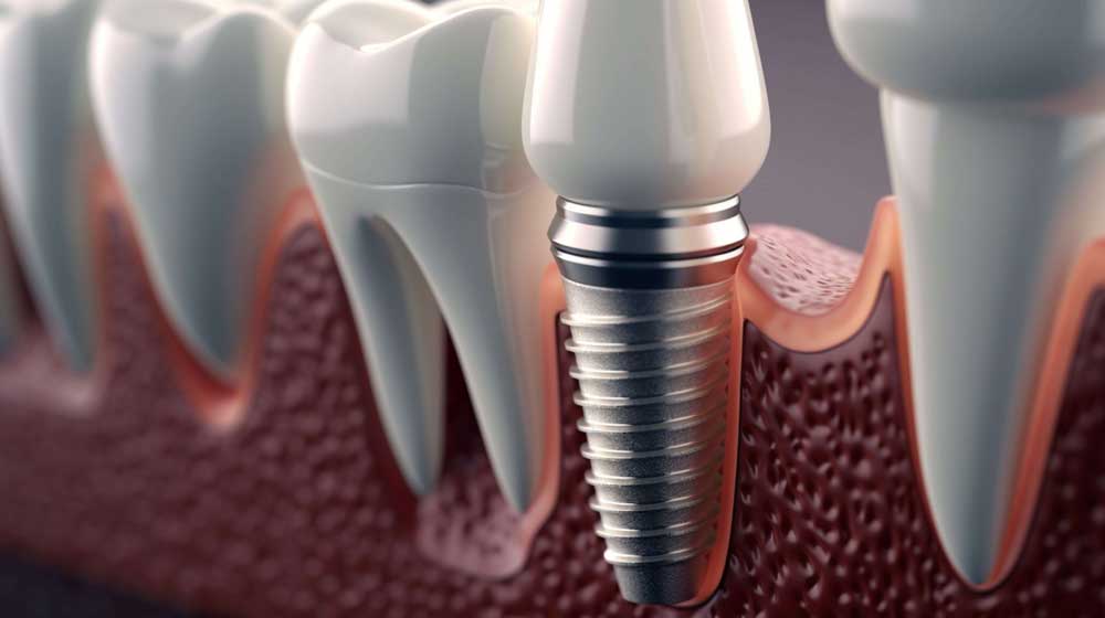 Dental implant placed securely between natural healthy teeth