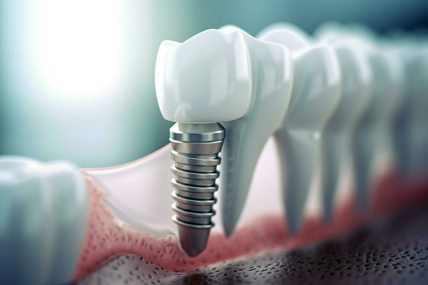 Close-up of dental implant placed in jawbone for permanent tooth replacement