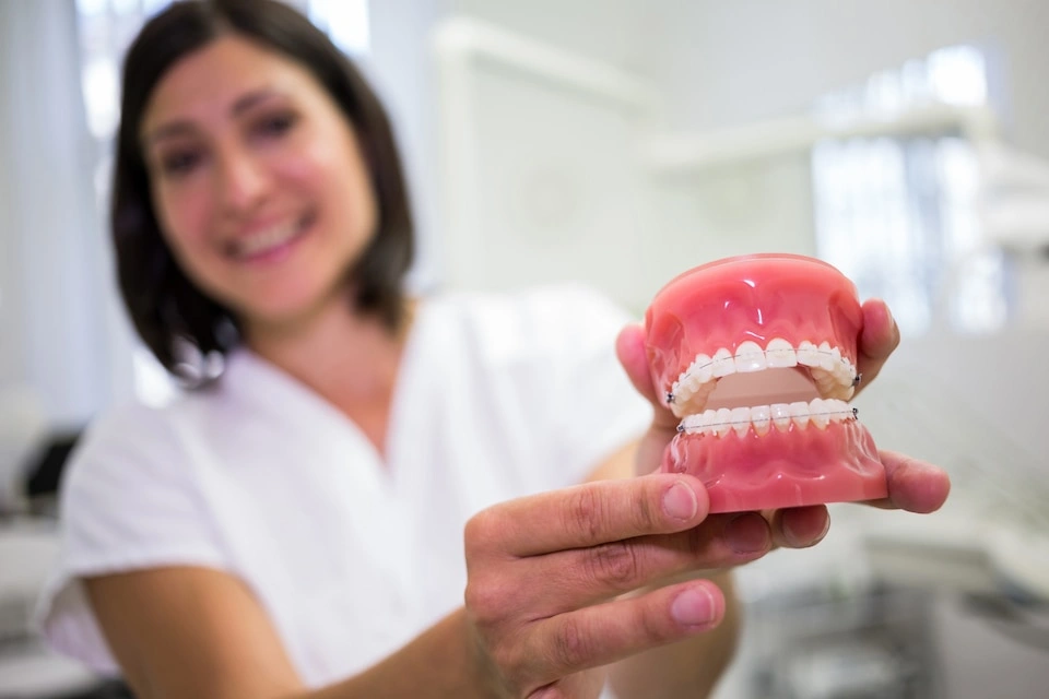 Female dentist explaining traditional dentures for restoring missing teeth