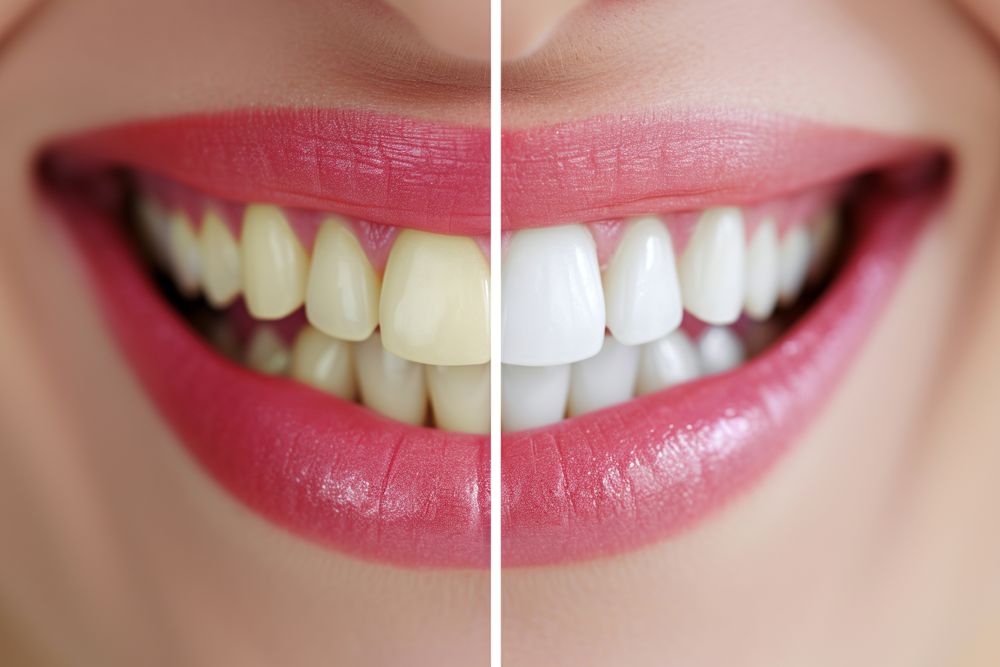 Before-and-after comparison of teeth whitening treatment showing visibly brighter and whiter teeth